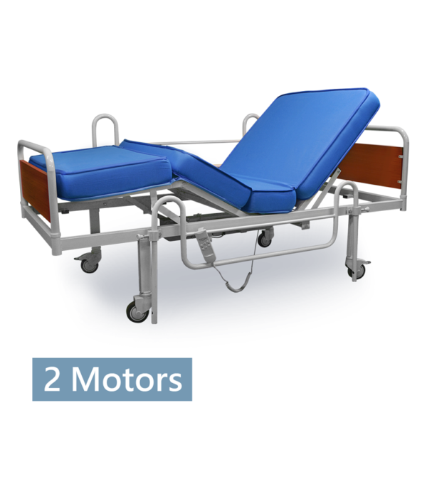 Economical hospital bed set equipped with two motors and a four-piece mattress with the front part raised on the head side and the bottom part raised on the foot side (H K 10)