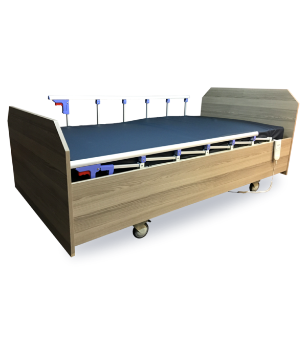 Home-type wooden patient bed equipped with two motors and shows a cross-sectional shape with a mattress (HK 30)